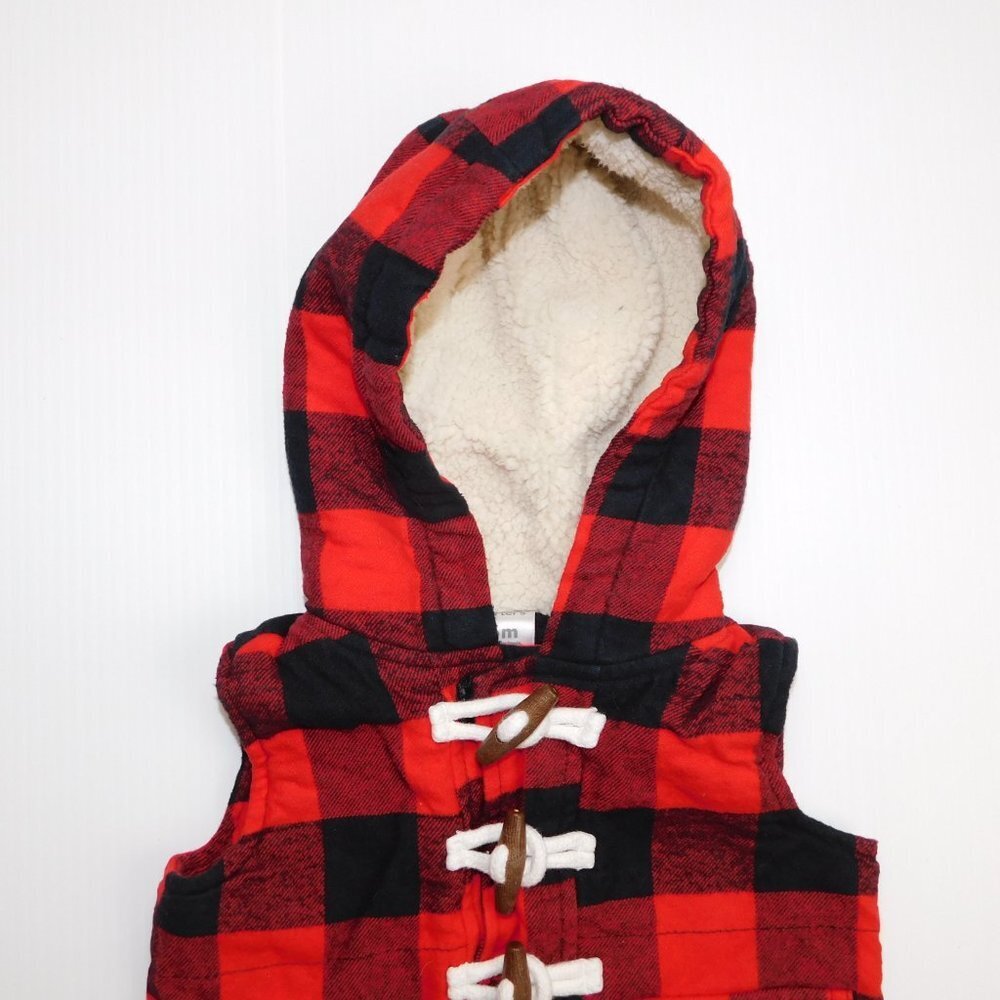 Carters Buffalo Plaid Red Black Hooded Fleece Lined Vest Baby Boy 6 Months 6M - Picture 3 of 7